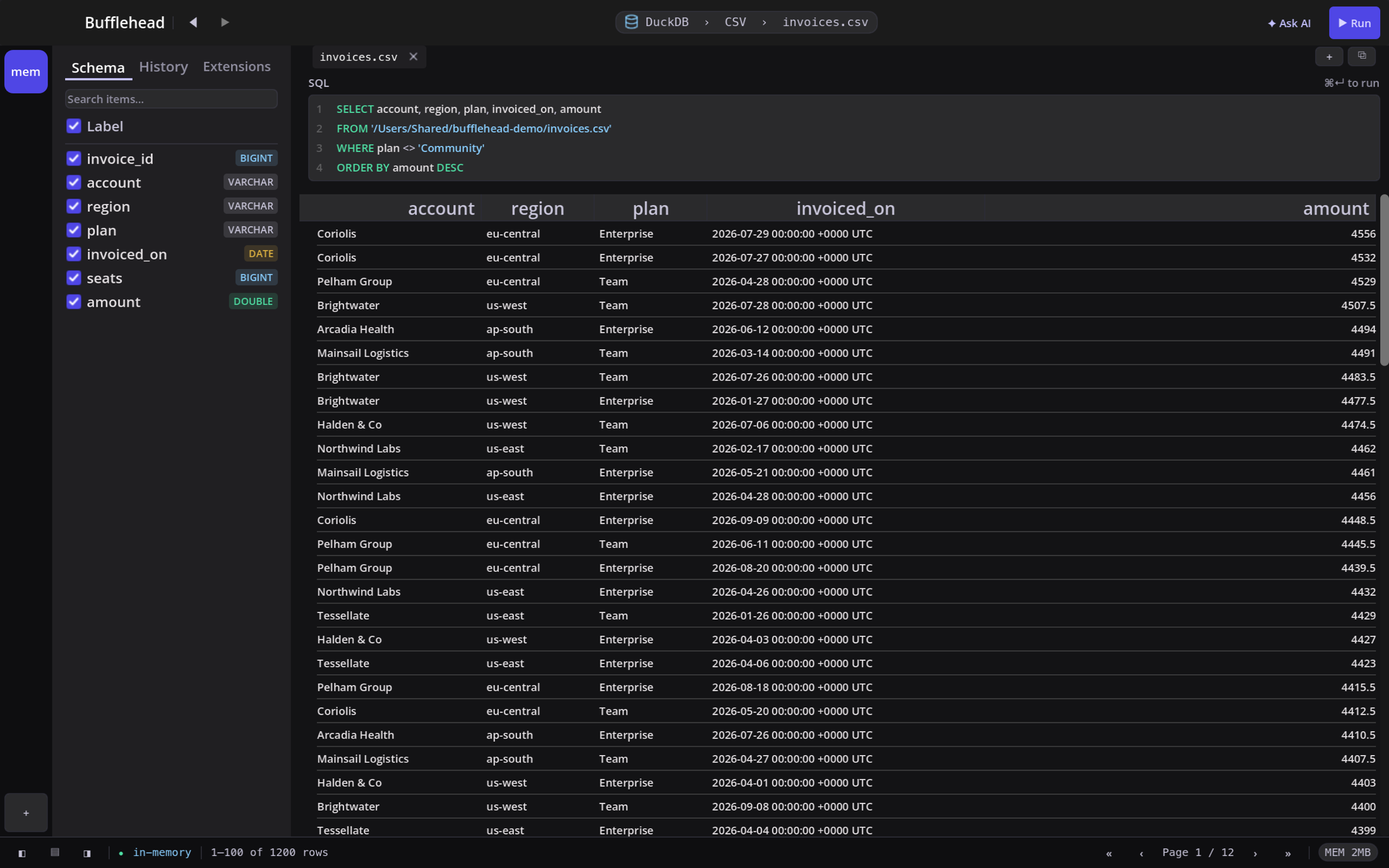 The Bufflehead workbench: connection list, SQL editor and query results.